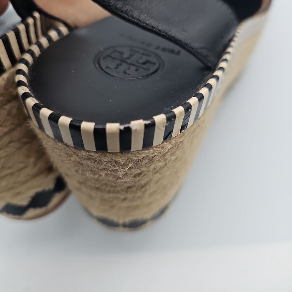 Tory Burch Black Espadrille Wedge Sandals Leather Jute Trim Size 10 - Picture 9 of 12